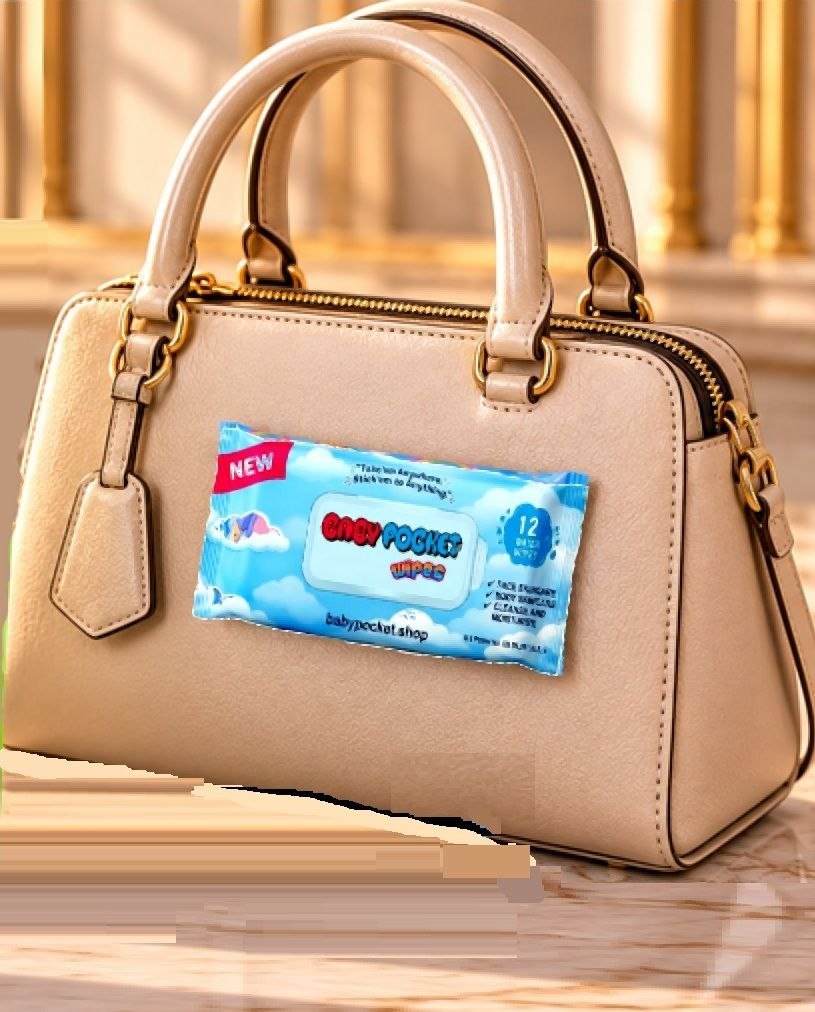 Baby Pocket stuck to the outside of a tan handbag