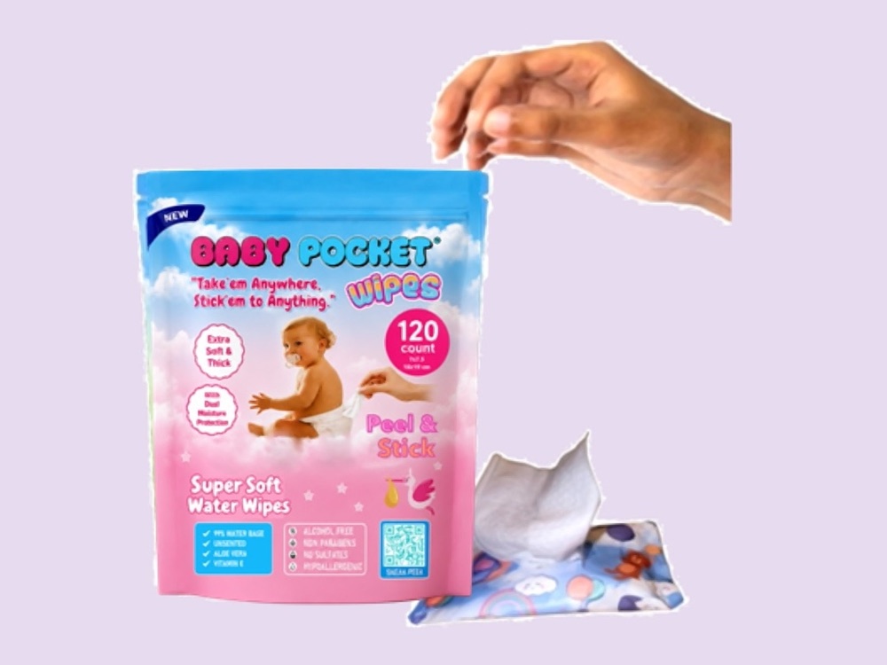 Grabbing a Baby Pocket wipes pouch with two fingers