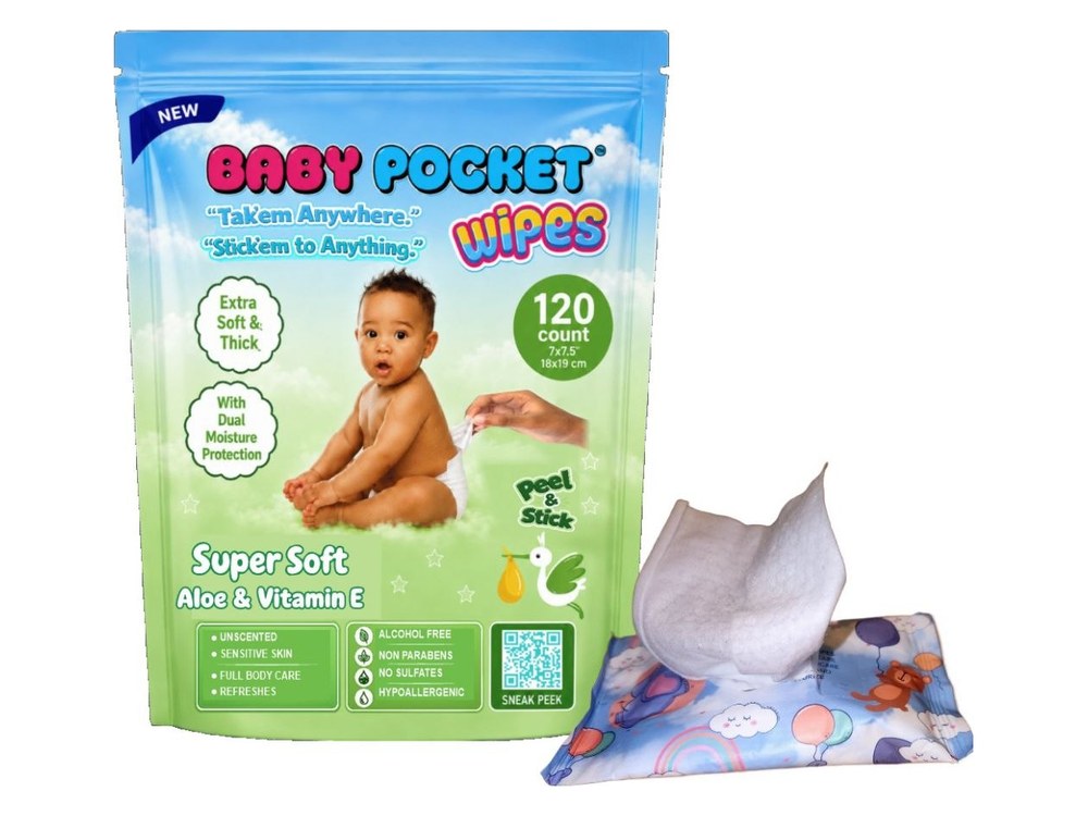 Baby Pocket resealable wipes pack with a wipe